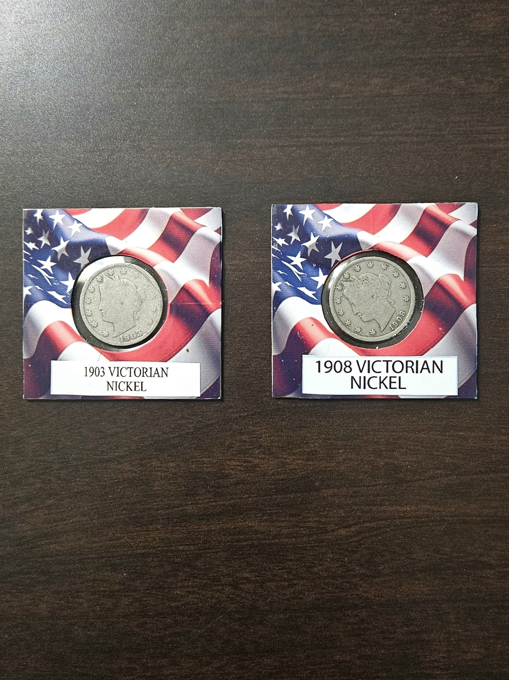 2 - Victorian Nickel Coins Display Card - Patriotic Red, White & Blue.